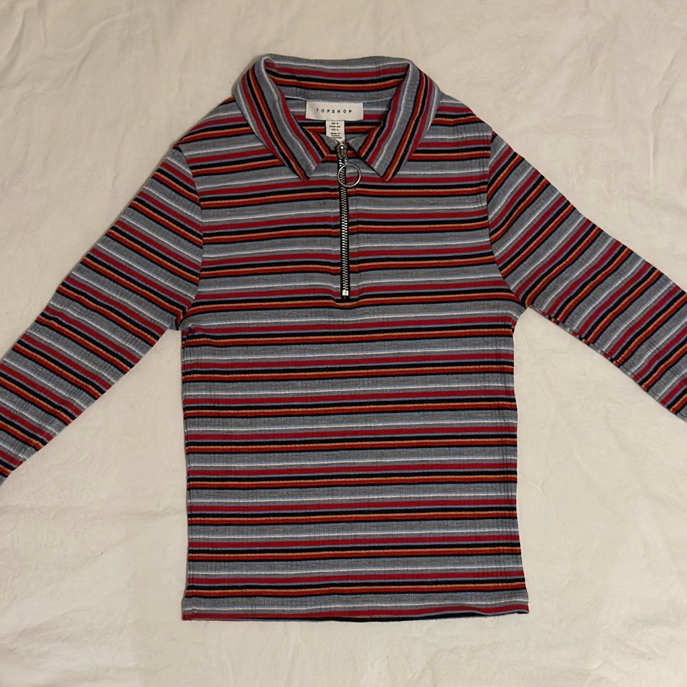Topshop retro multicolor ribbed sweater with zipper and collar
